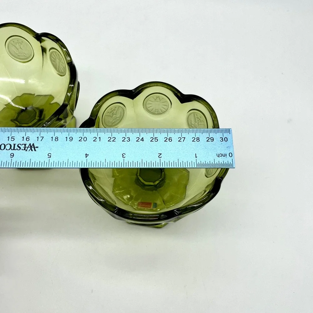 Fostoria Coin Glass Olive Green Compotes Pedestal‎ Candy Dishes Set of 2 - Picture 3 of 9